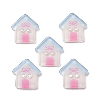 2-Hole Printed Transparent Resin Buttons, House, White, 15x15x2.5mm, Hole: 1.4mm