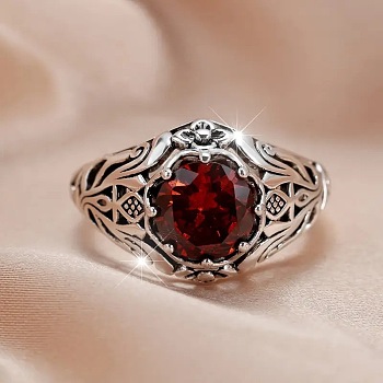 Alloy and Rhinestone Finger Rings for Women, Flower, Antique Silver, US Size 7(17.3mm)