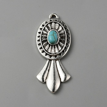 Alloy Pendants, with Imitation Synthetic Turquoise, Antique Silver, Flower, 36x14.5x5mm, Hole: 1.5mm