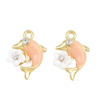 Alloy with Pink Enamel Pendants, with Resin & Crystal Rhinestone, Dolphin Charms, Long-Lasting Plated, Rack Plating, Golden, 17x14x4mm, Hole: 1.6mm