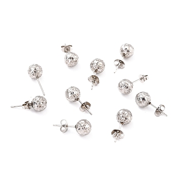 304 Stainless Steel Stud Earring Findings, with Ear Nuts, Textured Round, Stainless Steel Color, 19x8mm, Pin: 0.7mm