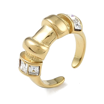 304 Stainless Steel Rhinestone Open Cuff Rings for Women, Real 18K Gold Plated, 9.5mm, Adjustable