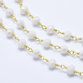 3.28 Feet Handmade Glass Beaded Chains, Unwelded, with Brass Findings, Rondelle, Floral White, Golden, 13x6mm