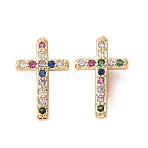 Easter Brass Micro Pave Colorful Cubic Zirconia Slide Charms, Cross with Round, Rack Plating, Long-Lasting Plated, Cadmium Free & Lead Free, Real 18K Gold Plated, 12.5x8x4mm, Hole: 3.5x1.5mm(CU-K002-22G)