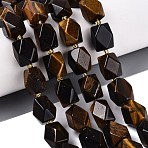 Natural Tiger Eye Beads Strands, Faceted Diamond Cut Beads, Rhombus, with Seed Beads, 13~15x11.5~13.5x11.5~13.5mm, Hole: 1~1.2mm, about 24~25pcs/strand, 14.96~16.14 inch(38~41cm)(G-Q608-11F)
