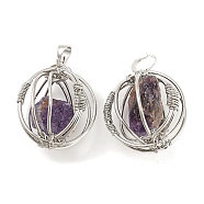 Natural Amethyst Pendants, Ball Charms with Rack Plating Platinum Plated Brass Findings, Lead Free & Cadmium Free, 32.5~33.5x28.5~30.5x24~26.5mm, Hole: 8.5x5mm(G-H293-03P-04)