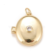 Brass Micro Pave Cubic Zirconia Locket Pendants, Photo Frame Charms for Necklaces, Real 18K Gold Plated, Lead Free & Cadmium Free, Oval, Clear, 22x19.5x6.5mm, Hole: 3mm, Inner Diameter: 15x12mm(KK-A161-37G)