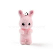 Flocking Resin Cute Bunny Pendants, Rabbit Charms with Platinum Plated Iron Loops, Pink, 40x18x15mm, Hole: 2mm(MACR-P043-J02)