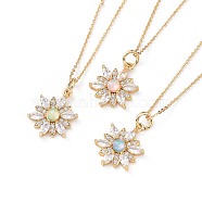 Brass Micro Pave Cubic Zirconia Pendant Necklaces, with Synthetic Opal, Cable Chain and Lobster Claw Clasps, Flower, Golden, 16.8 inch(42.8cm), 1.2mm(NJEW-JN02523-M)