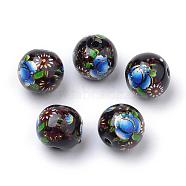 Printed Glass Beads, Round with Flower Pattern, Black, 10x9mm, Hole: 1.5mm(GFB-Q001-10mm-C03)