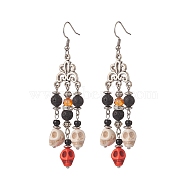 Dyed Synthetic Turquoise Skull & Natural Lava Rock Chandelier Earrings, Halloween Theme Alloy Long Drop Earrings for Women, Platinum, 78mm, Pin: 0.7mm(EJEW-TA00219)