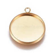 Ion Plating(IP) 304 Stainless Steel Pendant Cabochon Settings, Plain Edge Bezel Cups, Flat Round, Golden, Tray: 16mm, 20.5x17.5x2mm, Hole: 1.8mm(X1-STAS-G127-13-16mm-G)