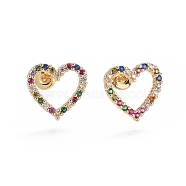 Brass Micro Pave Cubic Zirconia Stud Earrings, Heart, Golden, Colorful, 11x11.5x2mm, Pin: 0.7mm(EJEW-L224-26G)