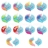 CHGCRAFT 14 Sets 7 Colors Gradient Color Opaque Resin Pendants, with Glitter Powder, Couple Heart Charm with Word LOVE YOU, Mixed Color, 39x38.5x5.5mm, Hole: 3.5mm, 2pcs/set, 2 sets/color (RESI-CA0001-45)