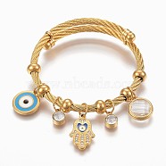 Adjustable 304 Stainless Steel Charm Bangles, with Enamel, Glass and Rhinestone, Eye, Hamsa Hand and Flat Round, Golden, 2-1/4 inch(5.6cm), 4~12mm(BJEW-F326-03G)