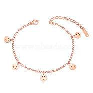 SHEGRACE Titanium Steel Charm Anklets, with Curb Chains and Lobster Claw Clasps, Smiling face, Rose Gold, 7-7/8 inch(20cm)(JA183A)