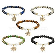 6mm Round Gemstone & Shell Pearl Beaded Stretch Bracelet Sets, Sun Brass Charm Stackable Bracelets, Inner Diameter: 2-3/8 inch(6.1cm)(BJEW-JB10921)