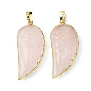 Natural Rose Quartz Pendants, Wing Charms, with Rack Plating Golden Plated Brass Edge, 39x18x7mm, Hole: 6x4mm(G-O204-03D)