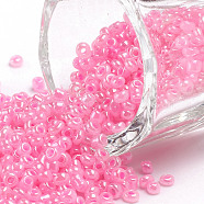 12/0 Glass Seed Beads, Ceylon, Round, Round Hole, Pink, 12/0, 2mm, Hole: 1mm, about 3333pcs/50g, 50g/bag, 18bags/2pounds(SEED-US0003-2mm-145)