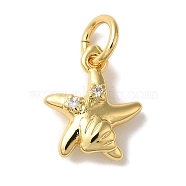 Rack Plating Brass Micro Pave Cubic Zirconia Pendants, Real 18K Gold Plated, Long-Lasting Plated, Cadmium Free & Lead Free, Starfish, 11x9.5x3mm, Hole: 3mm(KK-U027-09-01G)