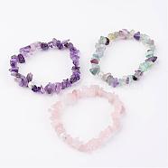 Natural Mixed Stone Stretch Bracelets, with Brass Textured Beads, Silver Color Plated, 50mm(BJEW-JB02524)