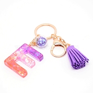 (Clearance Sale)Resin Keychains, with Iron Keychain Findings, Glass Ball Pendants(with Plastic inside), and Sponge Tassels, Light Gold, Lilac, Letter.E, 9.5cm(KEYC-WH0020-12E)