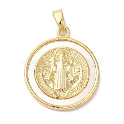 Rack Plating Brass Pave Shell Saint Benedict Medal Pendants, Flat Round Charms, Cadmium Free & Lead Free, Long-Lasting Plated, Real 18K Gold Plated, 23x20x3mm, Hole: 4x5mm(KK-L220-026G)