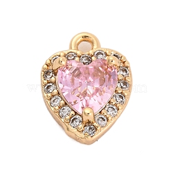 Brass Micro Pave Cubic Zirconia Charms, Cadmium Free & Nickel Free & Lead Free, Real 18K Gold Plated, Heart, Pink, 10x7.5x3.5mm, Hole: 1mm(KK-Z066-05G-01)