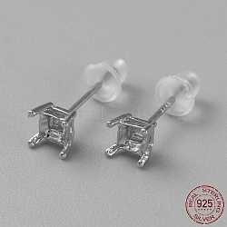 Rhodium plated 925 Sterling Silver Stud Earring Findings, 4 Claws Blank Earring Post, Platinum, Tray: 3x3mm, 5x4mm, Pin: 11x0.8mm(FIND-WH0148-088A-P)