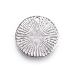 Non-Tarnish 304 Stainless Steel Charms, Textured, Flat Round with Sun Pattern, Stainless Steel Color, 15x2mm, Hole: 1.5mm(STAS-I117-11P)