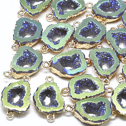 Electroplate Druzy Resin Links connectors, with Iron Findings, Nuggets, Light Gold, Lawn Green, 26x15~16x6~7mm, Hole: 1mm(RESI-S366-06B)