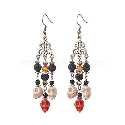 Dyed Synthetic Turquoise Skull & Natural Lava Rock Chandelier Earrings, Halloween Theme Alloy Long Drop Earrings for Women, Platinum, 78mm, Pin: 0.7mm(EJEW-TA00219)