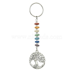 Chakra Natural Lava Rock & Alloy Tree of Life Pendant Keychain, with Iron Split Key Rings, Antique Silver, 10.1cm(KEYC-JKC00644-06)