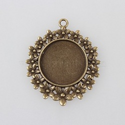 Vintage Tibetan Style Alloy Flower Pendant Cabochon Bezel Settings, Cadmium Free & Nickel Free & Lead Free, Antique Bronze, Flat Round Tray: 25mm, 49x41x3mm, Hole: 3mm, about 103pcs/kg(TIBEP-M018-65AB-NF)