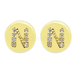 Brass Micro Pave Clear Cubic Zirconia Beads, Flat Round with Letter, Letter.N, 7.5x6.5mm, Hole: 3.5mm, 3pcs/bag(KK-T030-LA843-NX3)