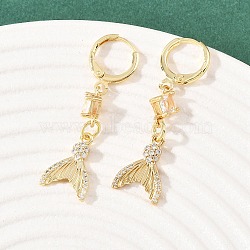 Fishtail Brass Micro Pave Cubic Zirconia Hoop Earrings, Rack Plating, Cadmium Free & Lead Free, Long-Lasting Plated, Golden, 41x11mm(EJEW-B154-05G)