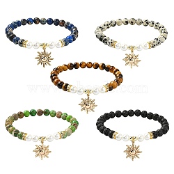 6mm Round Gemstone & Shell Pearl Beaded Stretch Bracelet Sets, Sun Brass Charm Stackable Bracelets, Inner Diameter: 2-3/8 inch(6.1cm)(BJEW-JB10921)