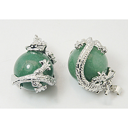 Natural Green Aventurine Pendants, with Brass Findings, Dragon with Round, 26~28x18~20mm, Hole: 5mm(G-H1527-3)