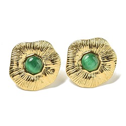 Ion Plating(IP) 304 Stainless Steel Stud Earrings, with Cat Eye, Golden, Nuggets, Green, 25x25.4mm(EJEW-G400-49G-01)