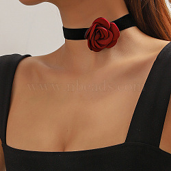 3D Rose Polyester Band Choker Necklaces with Alloy End Chains, Platinum, Dark Red, 11.81 inch(30cm)(FS-WGA9896-03)