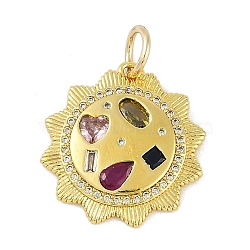 Brass Micro Pave Cubic Zirconia Pendants, with Glass, Sun, Real 18K Gold Plated, 22.5x21x3mm, Hole: 5mm(KK-B114-18G)