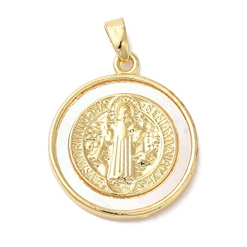 Rack Plating Brass Pave Shell Saint Benedict Medal Pendants, Flat Round Charms, Cadmium Free & Lead Free, Long-Lasting Plated, Real 18K Gold Plated, 23x20x3mm, Hole: 4x5mm