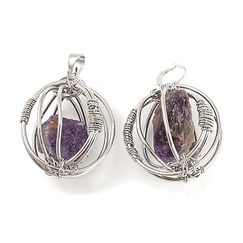 Natural Amethyst Pendants, Ball Charms with Rack Plating Platinum Plated Brass Findings, Lead Free & Cadmium Free, 32.5~33.5x28.5~30.5x24~26.5mm, Hole: 8.5x5mm