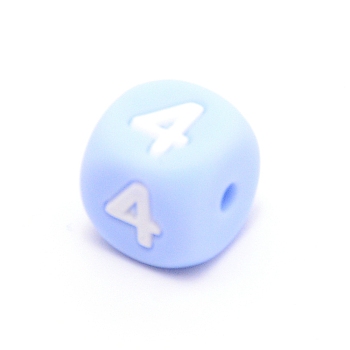 Silicone Beads, for Bracelet or Necklace Making, Arabic Numerals Style, Light Sky Blue Cube, Num.4, 10x10x10mm, Hole: 2mm