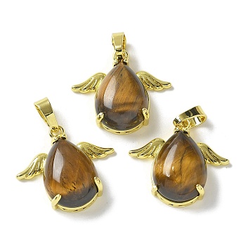 Natural Tiger Eye Pendants, Teardrop Charms with Golden Tone Brass Wings, Rack Plating, Cadmium Free & Lead Free, 22.5x24.5x9mm, Hole: 7.5x4.5mm