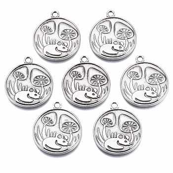 Autumn Theme Tibetan Style Alloy Pendant Enamel Settings, Cadmium Free & Nickel Free & Lead Free, Flat Round with Mouse & Mushroom, Thailand Sterling Silver Plated, 24.5x21x2mm, Hole: 2mm