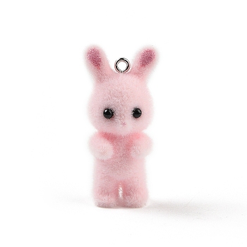 Flocking Resin Cute Bunny Pendants, Rabbit Charms with Platinum Plated Iron Loops, Pink, 40x18x15mm, Hole: 2mm