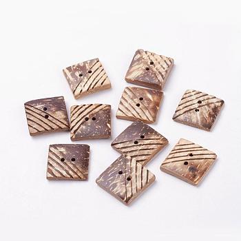 2-Hole Coconut Buttons, Square, Coconut Brown, 20x20x3~5mm, Hole: 2mm