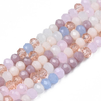Opaque Glass Beads Strands, Imitation Jade Glass, Faceted Rondelle, Pink, 3x2mm, Hole: 0.8mm, about 186~193pcs/strand, 17.13 inch~17.32 inch(43.5cm~44cm)