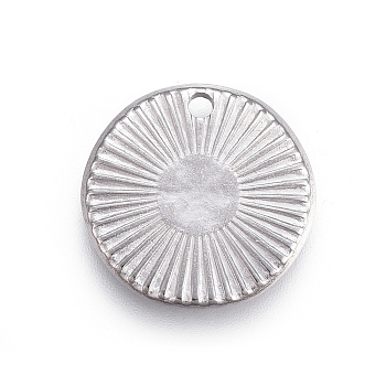 304 Stainless Steel Charms, Textured, Flat Round with Sun Pattern, Stainless Steel Color, 15x2mm, Hole: 1.5mm